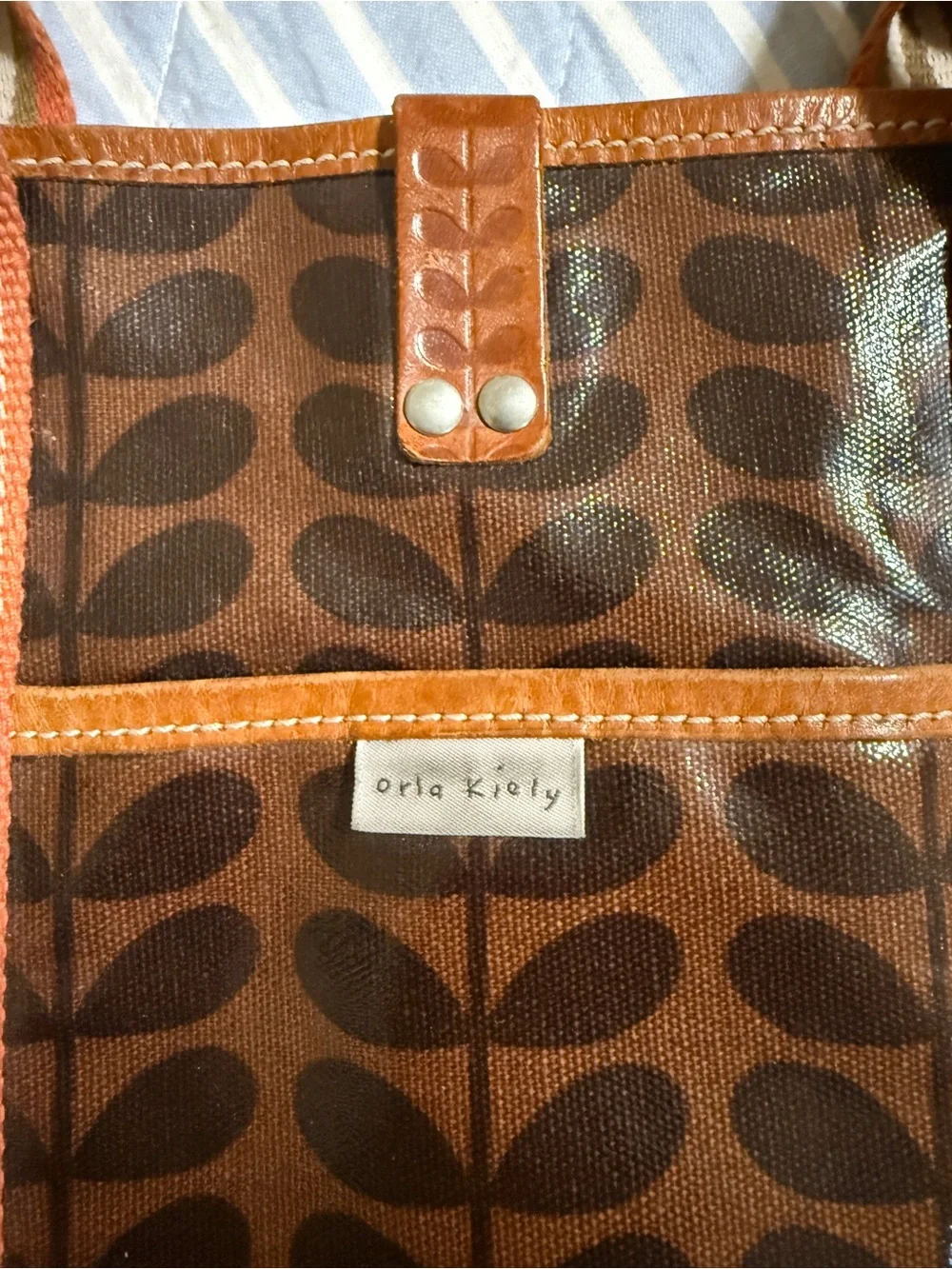 Orla Kiely Brown and Orange Leaf-Print coated Canvas Tote with Striped Handles - Picture 6 of 12